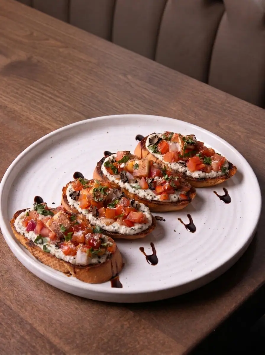 Truffle Ricotta Bruschetta at THE PIZZA SPOT – wood-fired flatbread with truffle-infused ricotta